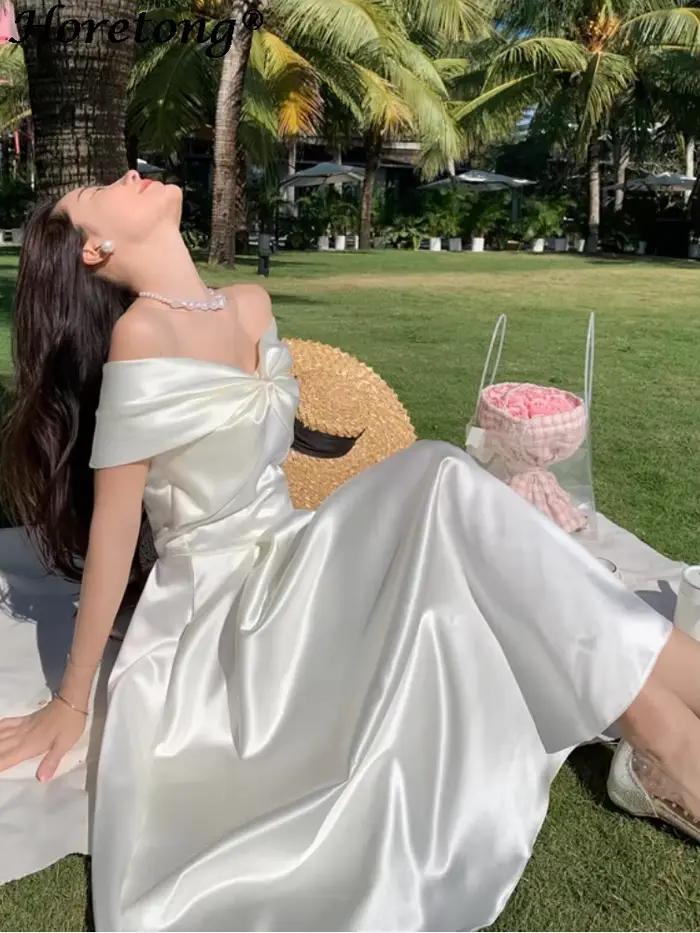 Horetong mašlička výstrih šaty Sexy leto ženy víla biela elegantná áčková línia midi