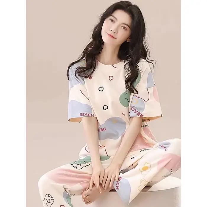 Ensemble pyjama pour femmes, manches courtes, pantalons longs, étudiant, décontracté, ours de dessin animé, doux Cuet, vêtements de nuit, vêtements de nuit romantiques