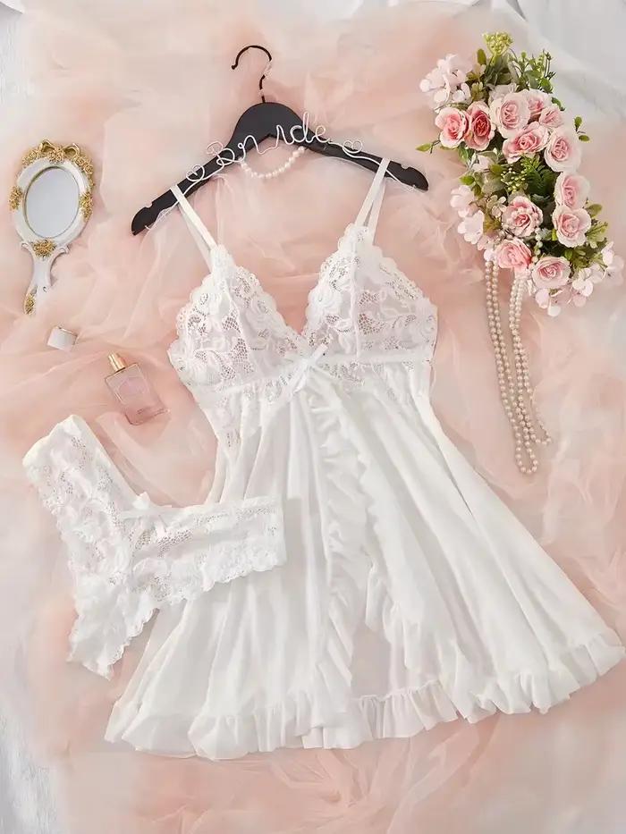Ensemble rose pour femmes, Lingerie tanga Sexy, chemise de nuit Teddy, pyjama féminin exquis, col en v avec culotte, ensemble 2 pièces, robe de nuit