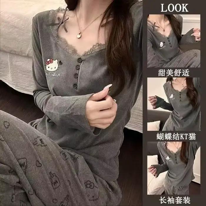 Ensemble pyjama gris Hello Kitty pour femmes, 2 pièces, manches longues, vêtements de nuit doux et confortables, imprimé, garniture en dentelle, vêtements de nuit