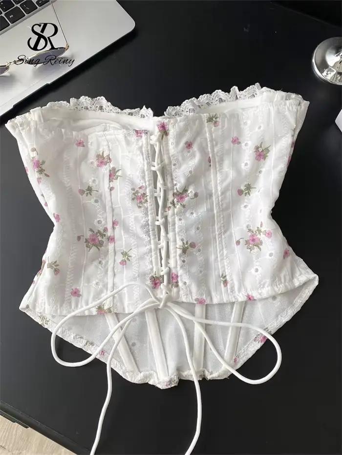 SINGREINY doux broderie florale Lingerie haut évider Sexy sans bretelles dos nu pansement Corset femmes Hotsweet Chic Camisole