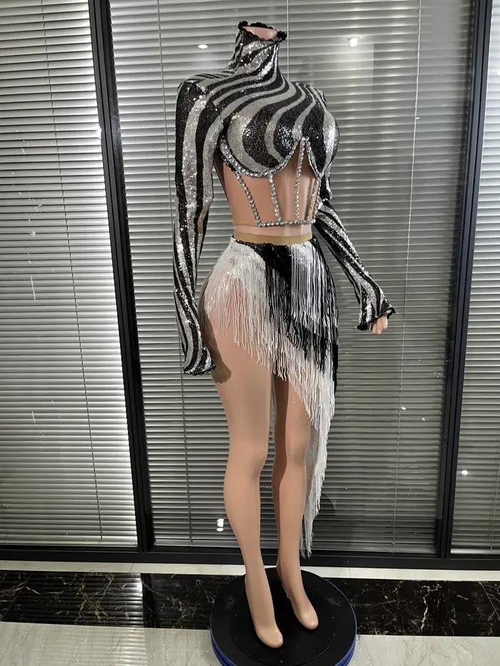 2025 Nový trblietavý diamantový strapčekový sexy dvojdielny set s dlhými rukávmi pre ženy na večierok
