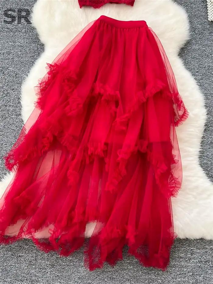 SINGREINY – costume deux pièces Sexy en dentelle pour femmes, Camisole sans bretelles + jupe à taille élastique irrégulière, ensembles de fête en gaze à la mode