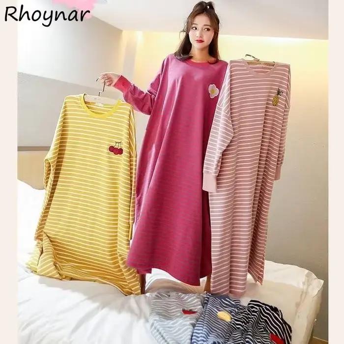 Chemise de nuit femme M-5XL automne manches longues rinçage longueur rayé Preppy mn adolescents Kawaii loisirs vêtements de nuit maison confortable mode