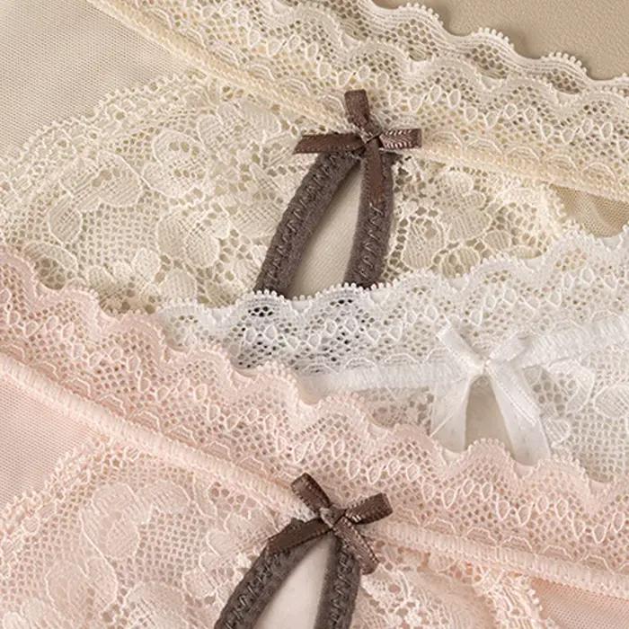 Culottes sexy pour femmes, fines, ajourées, avec nœud, transparentes, respirantes, sous-vêtements doux à la taille, lingerie en dentelle à motif floral, super confortables