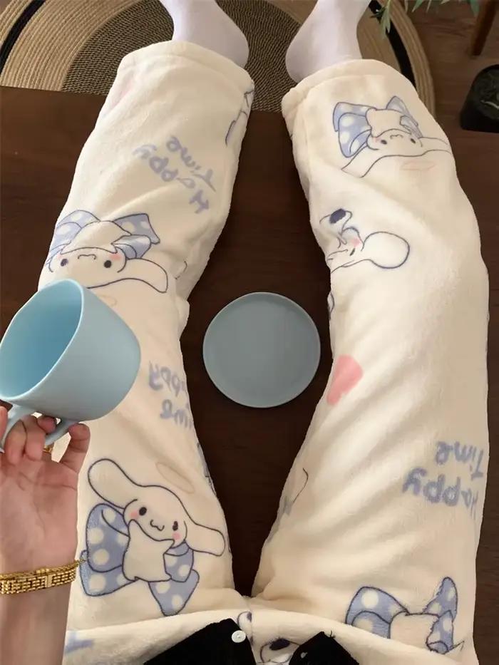 Pantalon de pyjama en flanelle Sanrio Cinnamoroll pour femme, motif dessin animé, automne et hiver, en velours corail, décontracté, pour la maison et le sommeil