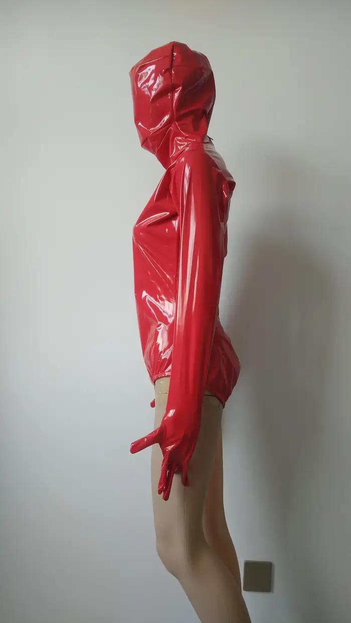 Justaucorps sexy en similicuir PVC brillant rouge pour adulte, demi-body Zentai, robe de paupières à manches longues, costume de fête, marque