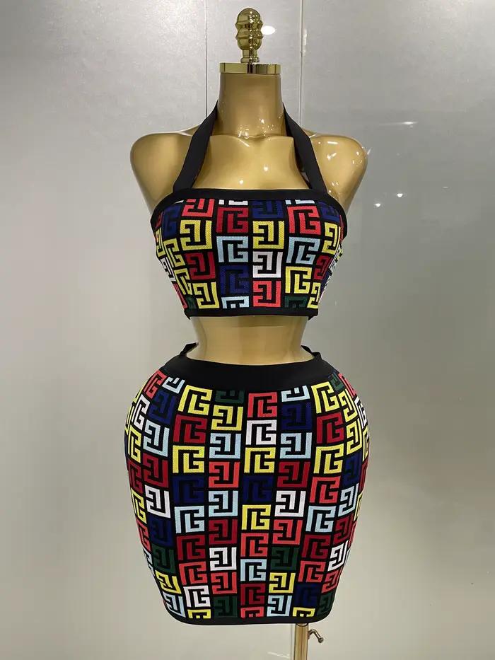 Ženy 2025 nový Sexy odhalený chrbát lano Jacquard dvojdielny Mini sukňa set pásiky celebrít dizajnér večierok