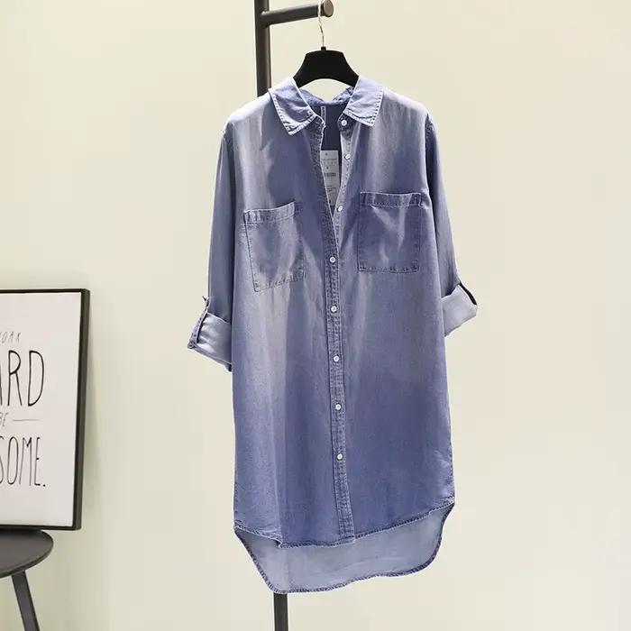Blouse en imitation denim pour femmes, col roulé, décontractée, mi-longueur, polyester et coton, pour rentrée scolaire et accueil