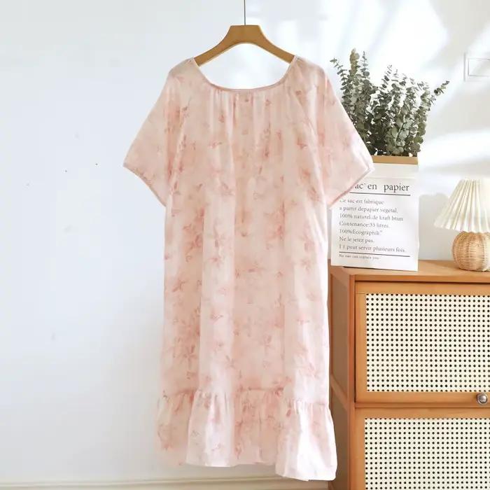 Chemise de nuit à imprimé floral pour femme, robe de nuit en gaze de coton 1 pièce, manches courtes et respirante, légère et polyvalente pour l'été à la maison