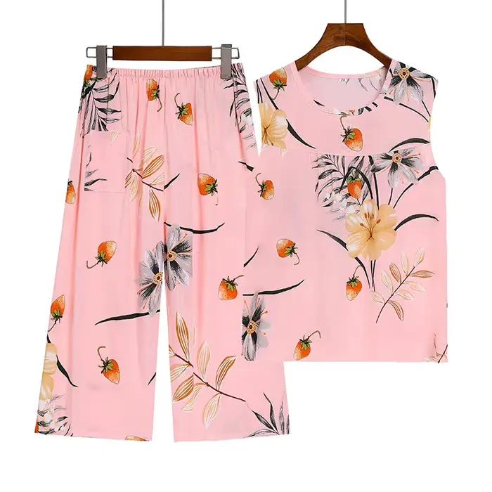 XL-4XL Pyjama Pour Femme Nouveau Imprimé D'âge Moyen Mère Deux Pièces Ensemble FiglaCapri Pantalon Trempé Vêtements De Nuit Femmes Pyjamas