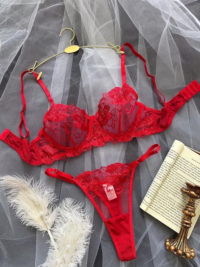 Červené sexy body Lingerie pre ženy čipka priesvitné spodné prádlo víla výšivka krátke súpravy jemná podprsenka