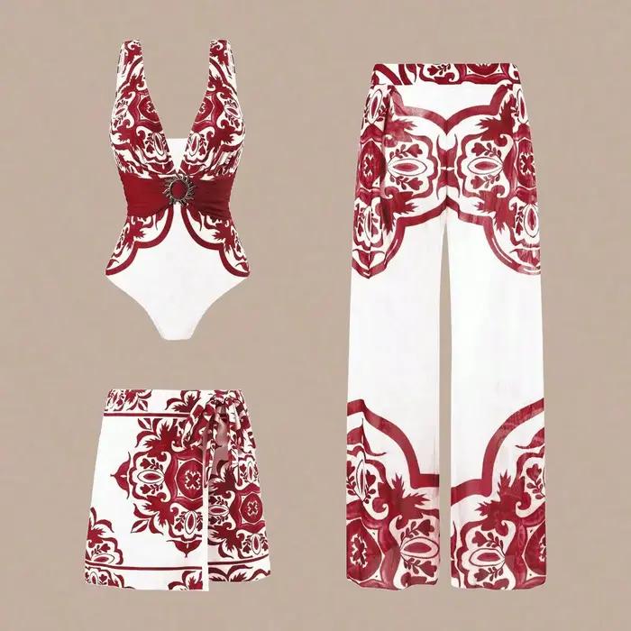 Ensemble de maillot de bain 3 pièces sexy pour femme, tendance, imprimé floral, pantalon long, maillot de bain une pièce, rythme oriental