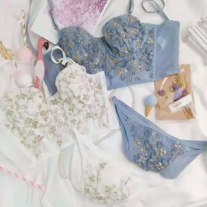 Ensemble de sous-vêtements sexy en dentelle brodée pour femmes, lingerie rétro, soutien-gorge confortable, soutien-gorge push-up, ensembles de culottes de mariage