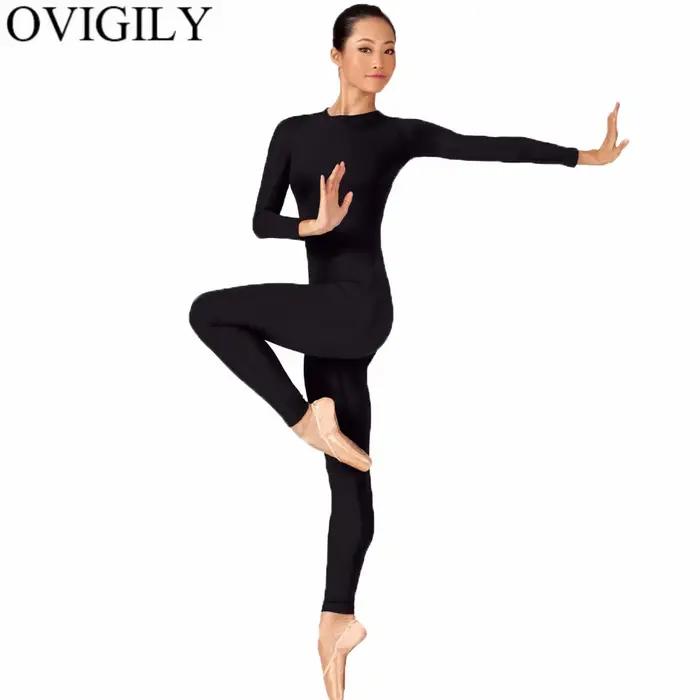 OVIGILY-Unitard de danse complet pour femmes, col rond, manches longues, combinaisons AqUnitards, vêtements de sport, collants de peau, noir, adultes