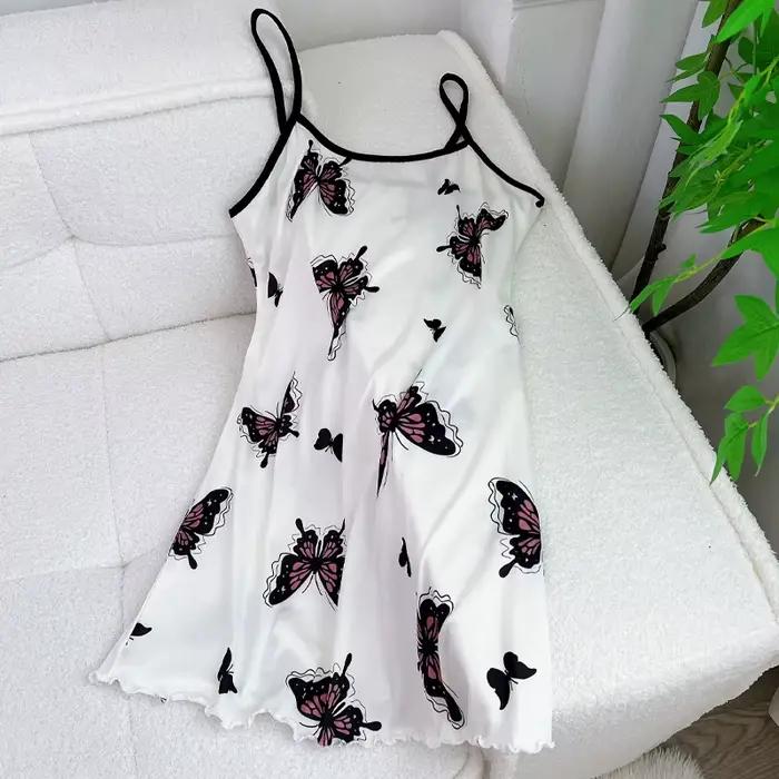 FINETOO Pyjama d'été pour femme, motif ours en peluche, sans couture, imprimé cœurs, papillons et fleurs, sans manches, à volants, tenue d'intérieur, robe de nuit mignonne