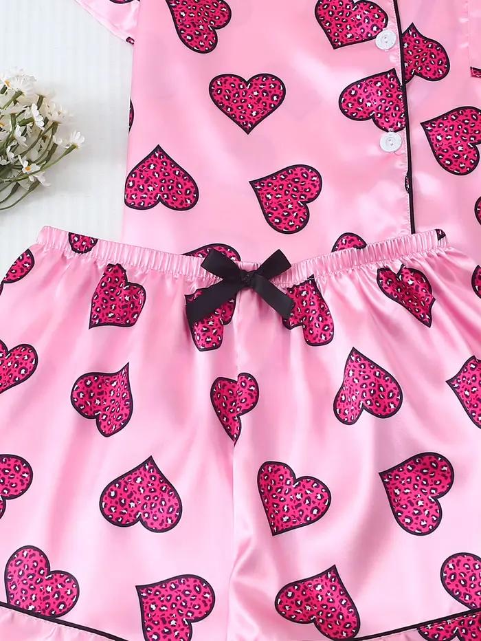 [Saint valentin] Pyjama 2 pièces en satin avec imprimé cœur, short à manches courtes, pyjama pour femme, ensemble de vêtements de détente adapté à un usage domestique