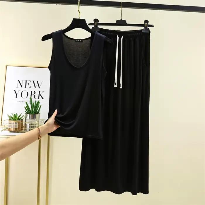 Pyjama pour femmes, nouveau ensemble de vêtements de nuit d'été confortable en modal, sans manches, avec pantalon, 2 pièces, Conjuntos De Pijama