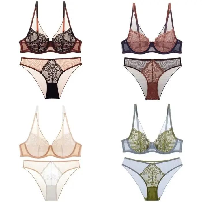 Ensemble soutien-gorge et culotte vintage français en dentelle florale, lingerie push-up sans couture pour femme, culotte florale en dentelle pour fille