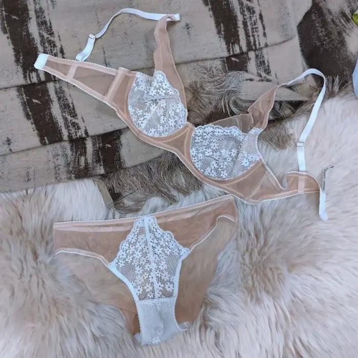 Ensemble soutien-gorge et culotte vintage français en dentelle florale, lingerie push-up sans couture pour femme, culotte florale en dentelle pour fille