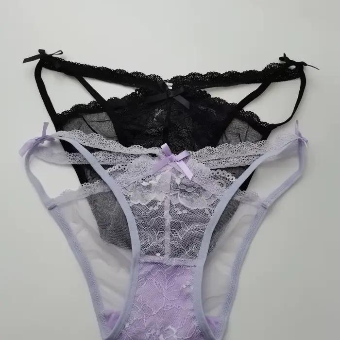 Culottes de lingerie pour femme, style français, taille mi-haute, sans couture, à nœud, en dentelle florale, ajourées, en maille de dentelle transparente