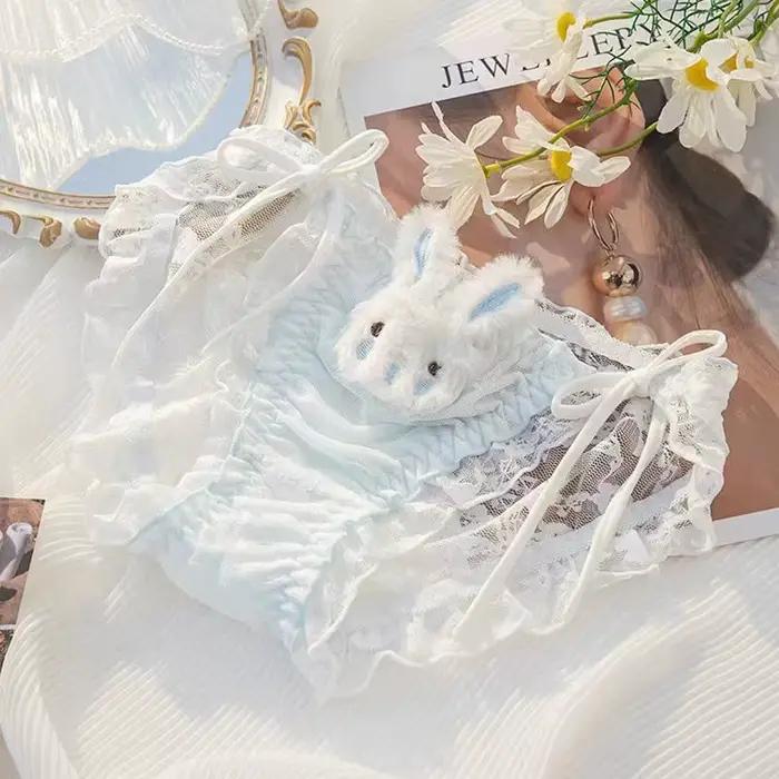 Culottes ajourées style 'Rabbit' pour femme, taille basse, à lacets, avec entrejambe en coton et volants en résille