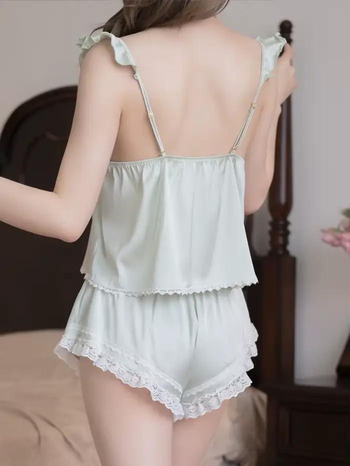 Pyjama français en soie pour femmes, hauts de nuit à bretelles avec short, ensemble de sous-vêtements, Lingerie Sexy, vêtements de nuit, col en v, vêtements de détente en dentelle