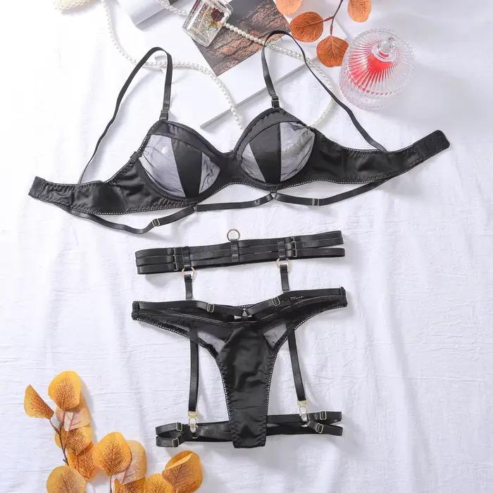 Francúzsky luxusný priesvitný sexy dámsky set 5 kusov podprsenka a nohavičky s podväzkami