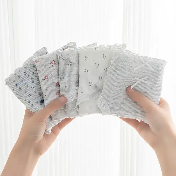 Doux fleur imprimé taille moyenne confortable fille culottes femmes slips mode nœud papillon caleçons été coton culottes intimes