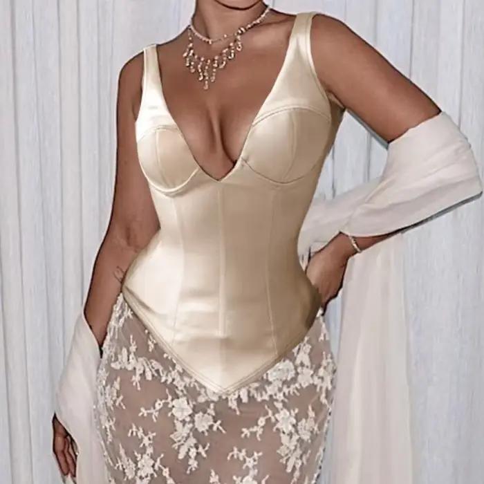 Débardeur Femme en Satin Champagne, Col en V, Style Corset, Sexy, Sans Manches, Dos Nu, Coupe Ajustée, Élégant, Décontracté, pour l'Été