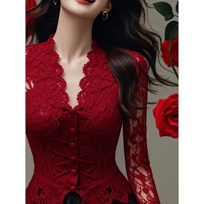 Haut corset en dentelle rouge pour femme, manches longues, bouton sur le devant, chemisier formel