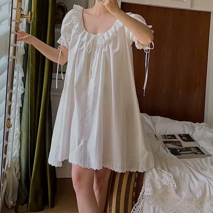 Femmes françaises douce chemise de nuit grande taille Cardigan 100% coton nuisette princesse Vintage volants col manches courtes chemises de nuit