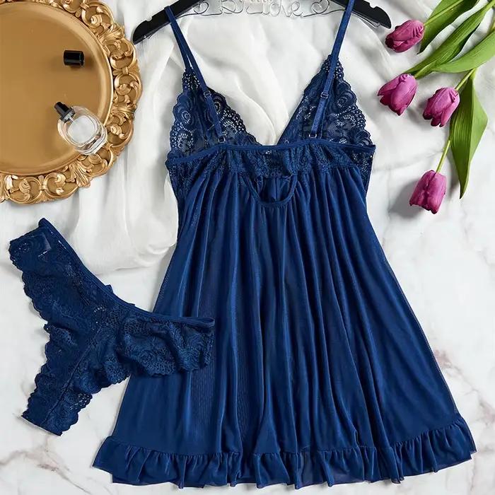 Bretelles en Tulle dentelle col en v vêtements de nuit sous-vêtements robe de nuit semi-transparente Lingerie pour femmes chemises de nuit