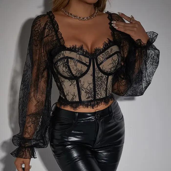 Corset en dentelle et maille pour femmes, débardeur à manches longues, haut court Sexy, mode de rue, Clubwear de fête, Camisole, tunique slim