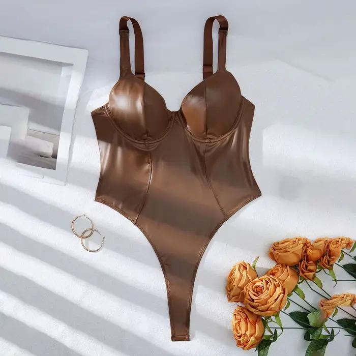 Body en Faux cuir PU pour femmes, sans manches, col en V, coupe haute, vêtements modelants