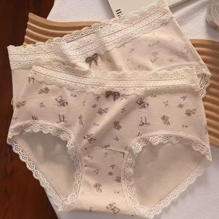 Culottes en coton à taille mi-haute en dentelle pour femmes, motif floral, ours et lapin, style doux, pour l'été