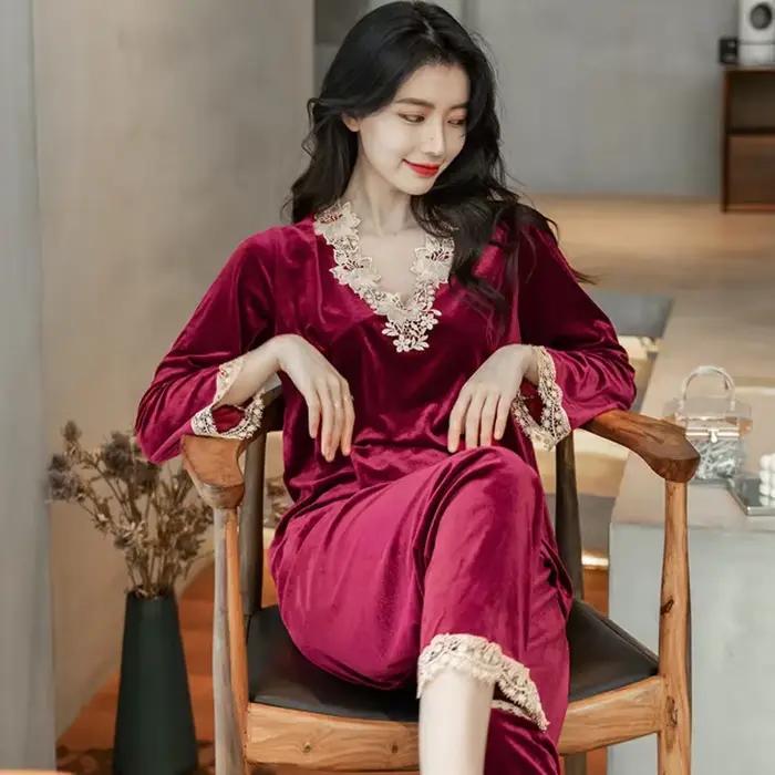 Ensemble de pyjamas en velours pour femmes, automne-hiver, manches longues, pantalon long, vêtements de maison, confortables, décontractés, élégants, vêtements de nuit