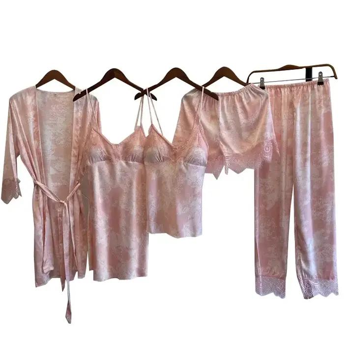 Pyjama en Satin Imprimé pour Femme, Robe Kimono à Col en V, Ensemble avec Coussinets Cheast, Vêtements de Nuit Sexy