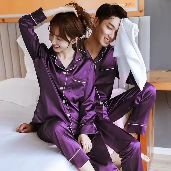 Pyjamas de couple en satin doux et confortables pour homme et femme, pour dormir ou se détendre à la maison, pour les saisons printemps, été et automne
