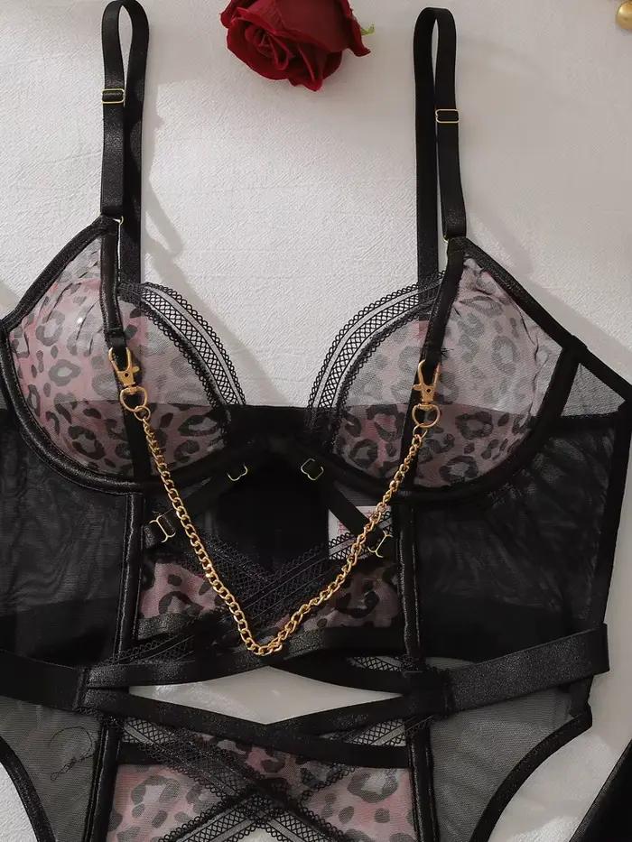 Ensemble de lingerie sexy transparente motif léopard avec gants en maille élégants, tenue de nuit sculptante ajourée pour femme