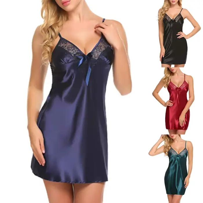 Ženská sexy čipka prakový hodvábny pyžamový set pohodlné nočné oblečenie nočná košeľa s výstrihom do V a odhaleným chrbtom