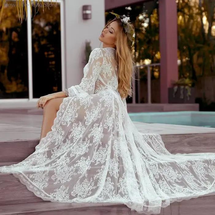 Chemise de nuit longue transparente en dentelle blanche, Robe de demoiselle d'honneur pour femmes, Style Kimono Sexy, vêtements de nuit, peignoir de mariée, Lingerie Sexy, vêtements de nuit