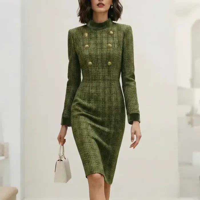 Robe crayon polyester vintage élégante pour femmes ocassions formelles printemps automne style vintage bottonnage doré aux genoux
