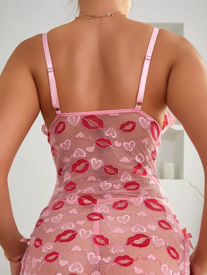 Femmes lèvres roses amour imprimé chemise de nuit Sexy dentelle arc adulte robe nuisette sexe robe de nuit et tongs ensembles de Lingerie tenues érotiques