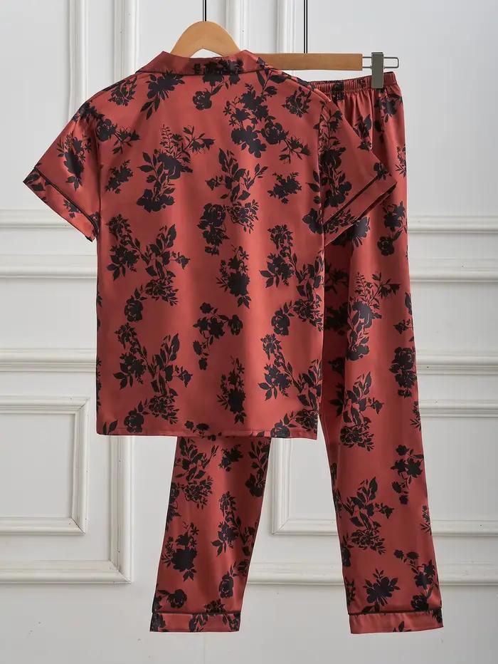 Ensemble pyjama en satin pour femmes, imprimé floral rouge et noir, haut à manches courtes et pantalon long, vêtements de nuit de luxe, vêtements de nuit en soie, vêtements de détente