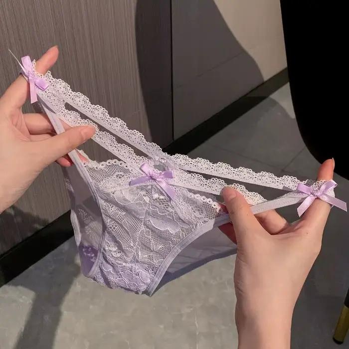 Culottes de lingerie pour femme, style français, taille mi-haute, sans couture, à nœud, en dentelle florale, ajourées, en maille de dentelle transparente