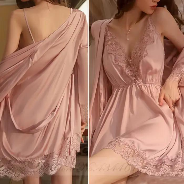 Ensemble de chemise de nuit kimono en dentelle bordeaux, chemise de nuit sexy, robe de peignoir, vêtements de nuit en satin, vêtements de maison d'été, vêtements de détente, 2 pièces