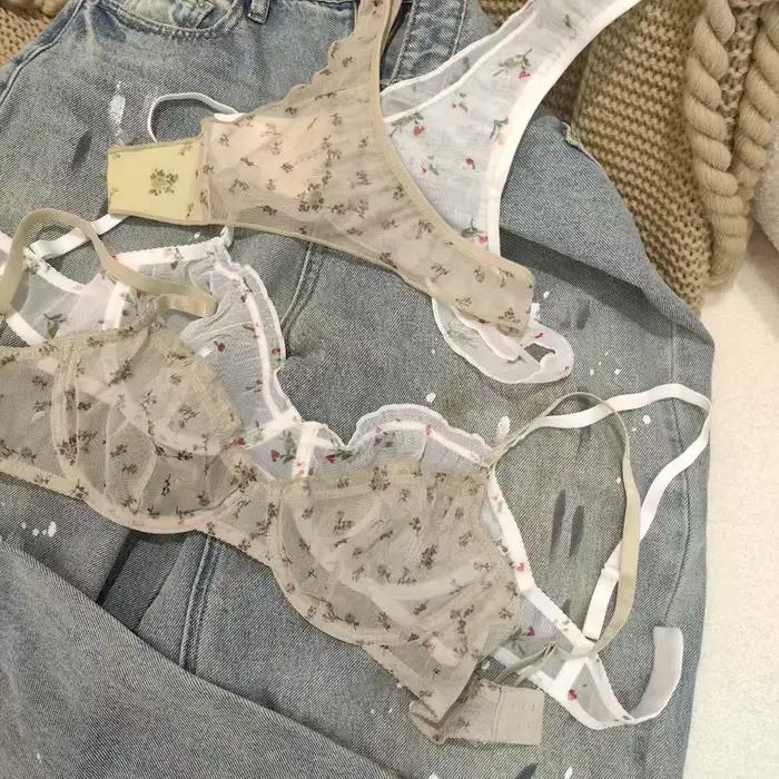Ensemble de Lingerie à imprimé Floral pour femmes, soutien-gorge Sexy en dentelle, français, Ultra fin, respirant, intimes, sous-vêtements doux