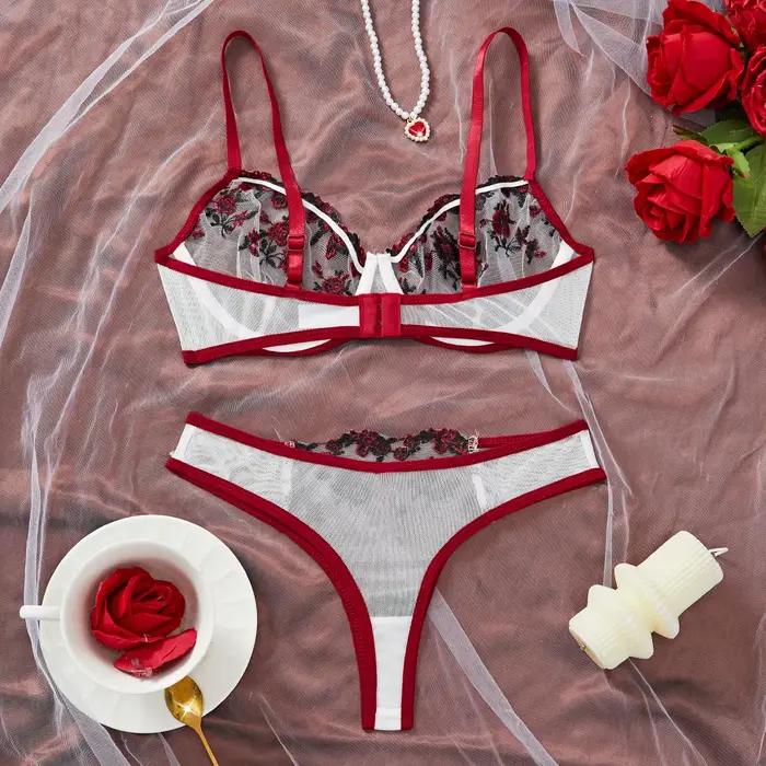 Ensemble de lingerie fantaisie en dentelle contrastée pour femme, 2 pièces, sous-vêtements brodés, magnifique ensemble soutien-gorge et culotte