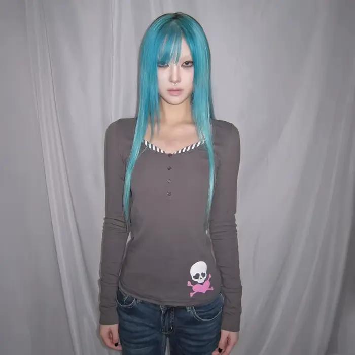Karrcat Trashy Y2k Tričko s potlačou lebky Grunge estetický falošný dvojdielny top Vintage 2000s Streetwear štýl